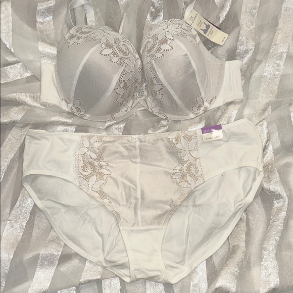 Cacique white eyelet plunge 44B Bra and 18/20 Panty Set - Picture 1 of 8